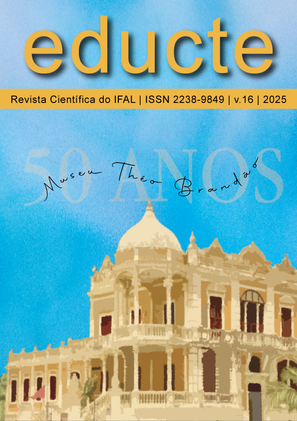 Capa da Revista Científica do IFAL, Educte, volume 16, ano 2025. Na parte superior, o título "Educte" em letras amarelas sobre uma faixa com informações de ISSN e volume. O centro da imagem apresenta o fundo azul do céu com a inscrição "50 ANOS" em marca-d'água e a assinatura manuscrita "Museu Théo Brandão". A metade inferior exibe uma ilustração artística em tons de bege e terra do prédio histórico do Museu Théo Brandão, destacando sua arquitetura clássica com cúpula e colunas.